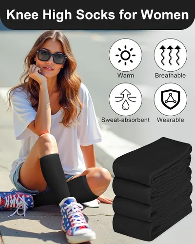 Miniatura 4 de Senker Fashion Calcetines altos hasta la rodilla para mujer, calcetines largos blancos de tubo negro a rayas para botas al aire libre deporte casual