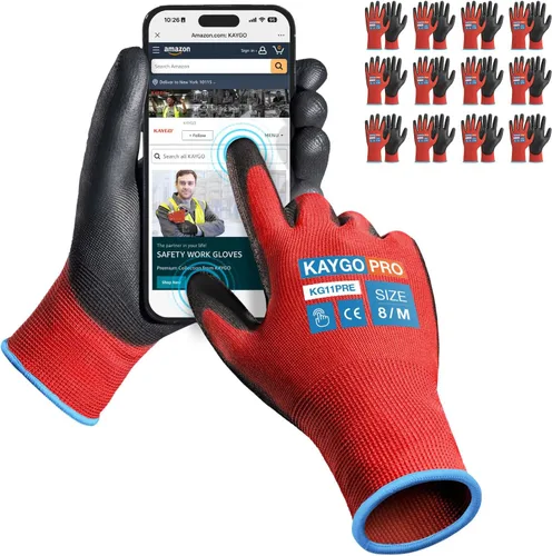 Miniatura 81 de KAYGO KG11PB - Guantes de seguridad con revestimiento delgado de poliuretano, tejido sin costuras, agarre suave en palma y dedos, para trabajo Verde