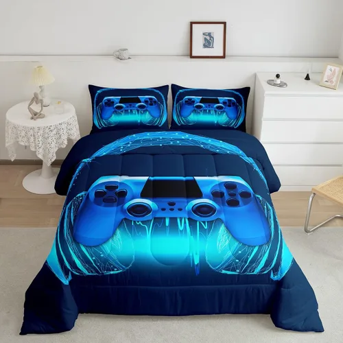 Miniatura 57 de Juego de edredón de videojuegos para niños, niñas y hombres, juego de ropa de cama con estampado de consola de videojuegos negro, decoración