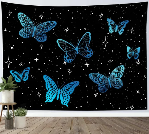 Miniatura 4 de HVEST Tapiz de mariposa para decoración de habitación, mariposas azules de fantasía en cielo estrellado, tapiz para colgar en la pared, tapiz negro