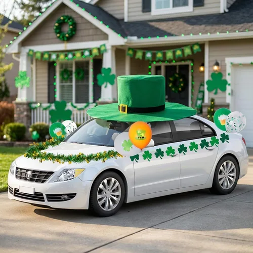 Miniatura 6 de Kit de decoración de coche de desfile del día de San Patricio, decoración de flotador de carrito de golf irlandés, sombrero gigante de San Patricio
