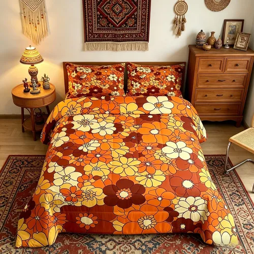 Juego de ropa de cama con estampado floral bohemio, tamaño individual, diseño retro de flores groovy, 60S y 70S, juego de edredón de flores hippie