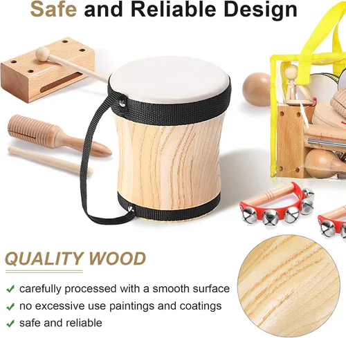 Miniatura 4 de Chumia Juego de instrumentos musicales para niños pequeños, 13 piezas, instrumentos de percusión de madera Montessori con tambor preescolar