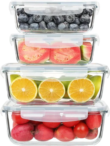 KOMUEE Juego de recipientes grandes de vidrio para almacenamiento de alimentos (63 oz y 27 oz) con tapas herméticas, sin BPA, paquete de 4