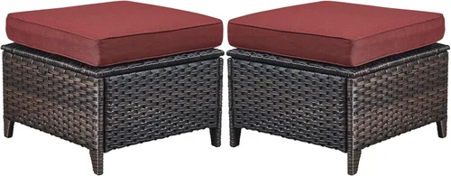 Miniatura 19 de Belord Juego de 2 taburetes otomanos de mimbre de ratán para todo tipo de clima, con cojines suaves para muebles de patio Cojín de mimbre gris
