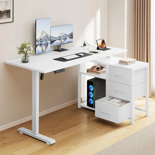 Miniatura 12 de Escritorio eléctrico en forma de L de 47 pulgadas con 3 cajones, mesa de computadora de almacenamiento, altura ajustable con tomas de corriente, 4