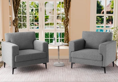 Miniatura 18 de Silla decorativa de gran tamaño, sillas tapizadas para sala de estar, sofá individual con patas de metal, cómoda silla de lectura de tela de lino