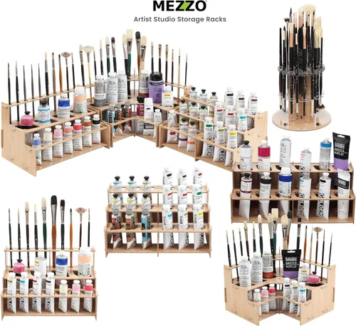 Miniatura 7 de Mezzo Artist Paint and Brush Rack - Soporte de Escritorio Multicapa de Laminado Veteado de Madera Organizador de Almacenamiento y Exhibición