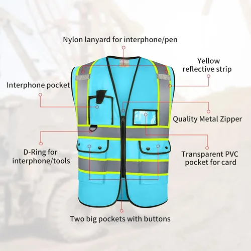 Miniatura 4 de Custom Logo Safety Vest High Visibility Reflective Vest Class 2 Standard with Pockets and Zipper