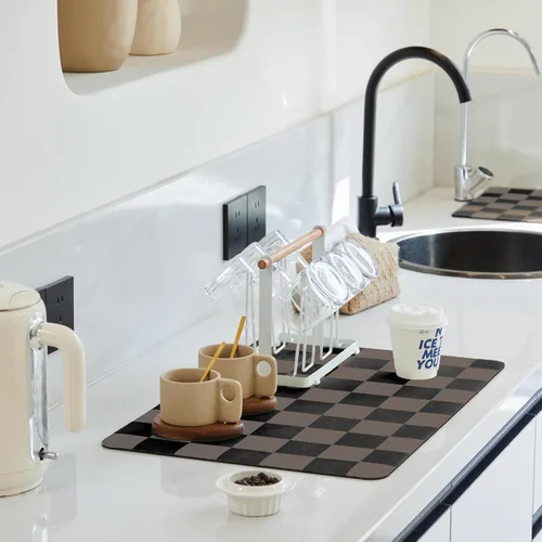 Miniatura 9 de Ohocut Tapete de secado de platos a cuadros para encimera de cocina, accesorios de estación de cafetería, estética, retro, moderna, absorbente