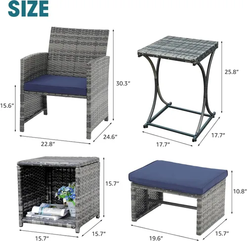 Miniatura 7 de OC Orange-Casual Juego de muebles de patio de 6 piezas con otomana, juego de silla y mesa de mimbre gris para exteriores, muebles de balcón