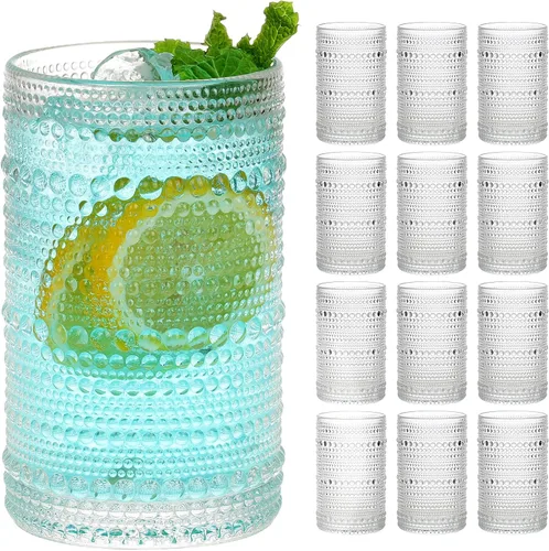 Moretoes Juego de Vasos para Beber Hobnail de 12, Vasos Altos de 12 Oz Transparentes con Relieve Embosado Estilo Boho, Vasos de Agua para Cocina y