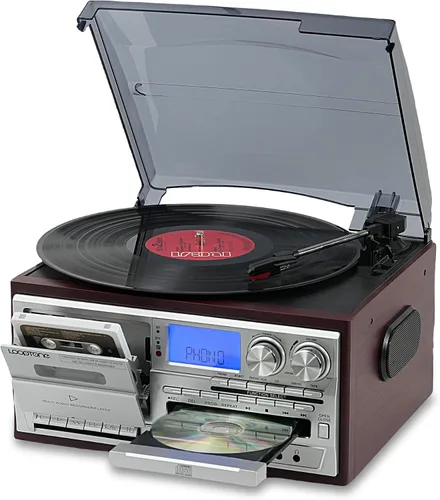 LoopTone Reproductor de discos de vinilo 10 en 1, 3 velocidades, Bluetooth, tocadiscos vintage, reproductor de casete de CD, radio AM/FM, grabadora