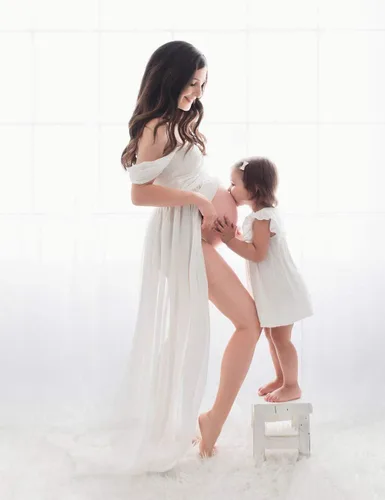 Miniatura 6 de JustVH Vestidos de maternidad para sesión de fotos hombros descubiertos vestido de encaje de gasa vestido largo con abertura frontal vestidos