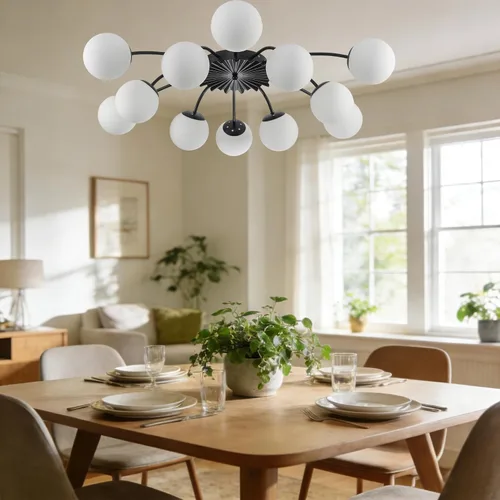 Miniatura 9 de Lámpara de araña Sputnik de 12 luces, color negro con burbujas de vidrio de leche Luces de techo semi empotradas, acento de flor, Art Deco
