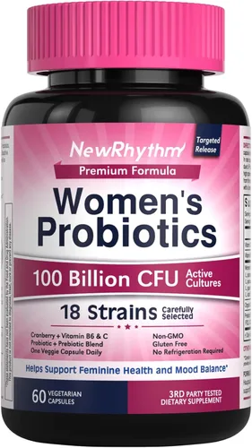 NewRhythm Probióticos para mujeres, P-5-P, vitamina C y arándano orgánico, 100 mil millones de UFC, 18 cepas, prebióticos y probióticos vaginales