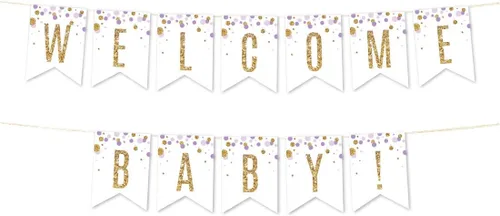 Andaz Press Colección de fiesta de baby shower con purpurina dorada y lavanda, banderín colgante con cuerda, Welcome Baby!, 5 pies, 1 juego