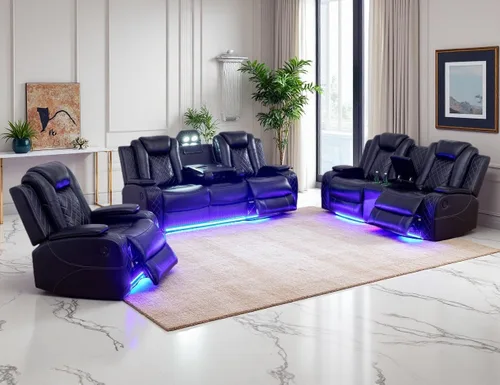 Miniatura 41 de Juego de Sofá Reclinable Eléctrico, Juego de Sofá y Sillón Reclinable de Cuero Negro, Juegos de Muebles de Sala de Estar, Sofá de Dos Plazas