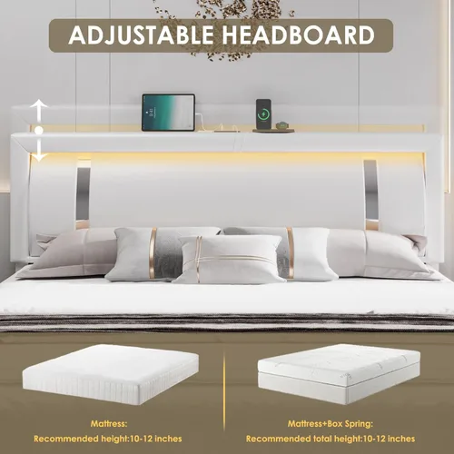 Miniatura 4 de Keyluv Marco de Cama Queen con Cabecero de Luces LED RGB y 2 Cajones de Almacenamiento, Plataforma Inteligente Moderna Tapizada de Cuero Sintético