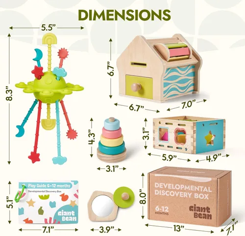 Miniatura 7 de Giant bean Juguetes Montessori para bebé, 6 en 1, juguetes de aprendizaje de educación temprana de madera con dentición sensorial, caja