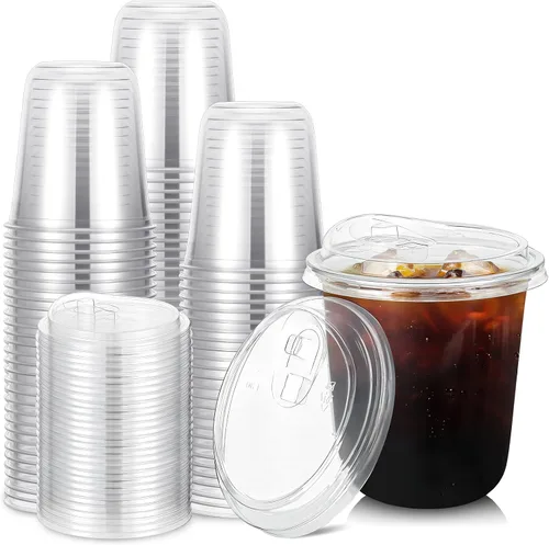 Miniatura 8 de Ziliny Juego de 50 vasos de plástico transparente con tapas para sorber sin pajilla, tazas de café helado transparentes gruesas y desechables
