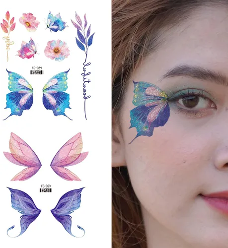 Miniatura 6 de Konsait 12 hojas de tatuajes temporales de mariposa con purpurina para mujeres y niñas, tatuajes faciales de mariposa para mujeres, calcomanías