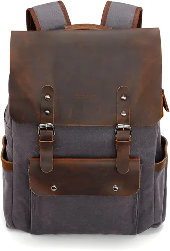 Miniatura 9 de Modoker Mochila de lona encerada, mochila de cuero para hombres y mujeres, mochila vintage de viaje para laptop de 15.6 pulgadas, mochila retro