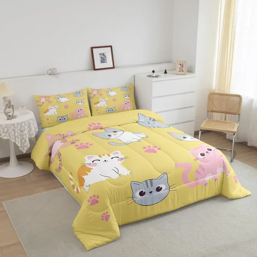 Miniatura 55 de Erosebridal Juego de ropa de cama para niños, tamaño individual, diseño de gatos de dibujos animados, para niñas, niños y adolescentes, edredón
