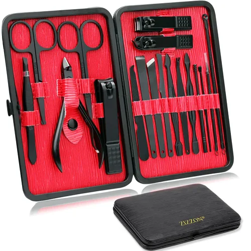 ZIZZON Juego de manicura 18 en 1 profesional de pedicura con tijeras de uñas, kit de aseo con estuche de viaje de cuero (negro/rojo)