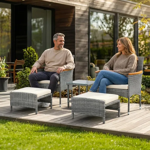Miniatura 4 de Juego de 5 muebles de patio al aire libre con mesa y otomana para exteriores, juego de patio de mimbre bistró