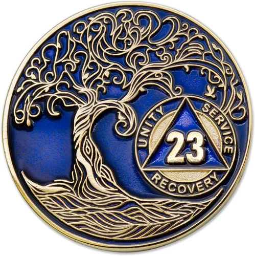 Miniatura 128 de 20 Year Sobriety Mint Twisted Tree of Life - Medallón de recuperación AA chapado en oro, fichas y fichas, color negro