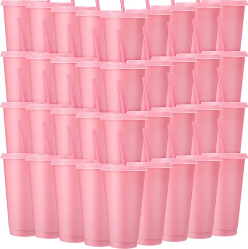 Miniatura 32 de Honeydak Paquete de 60 vasos con popote y tapa, vasos a granel para regalos, tazas de café de plástico con purpurina de 24 a 27 onzas, botella