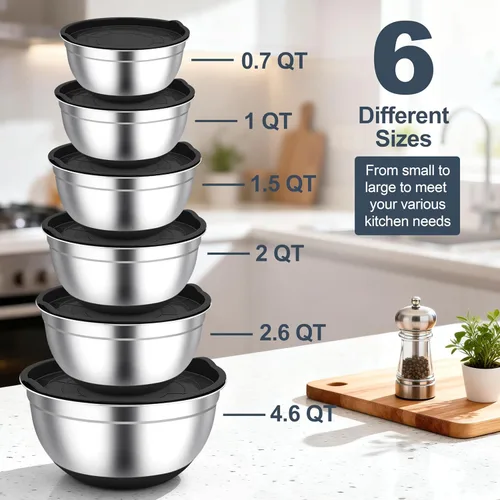 Miniatura 2 de TeamFar Tazones para mezclar, cuencos negros con tapas, tazón de ensalada anidable de acero inoxidable con tapa hermética y parte inferior