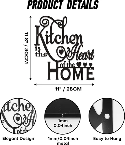 Miniatura 2 de Decoración de pared de cocina, moderna escultura de pared de metal negro "Kitchen is the Heart of the Home", arte de pared impermeable para cocina
