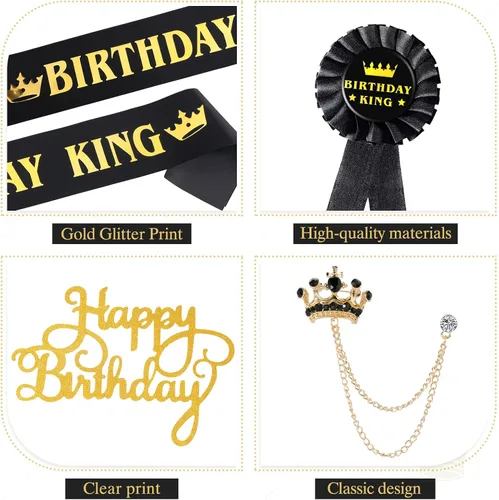 Miniatura 5 de Junkin 5 accesorios de cumpleaños para hombre, incluyen corona de rey con banda de hojalata, broche de cadena colgante para fiesta de cumpleaños