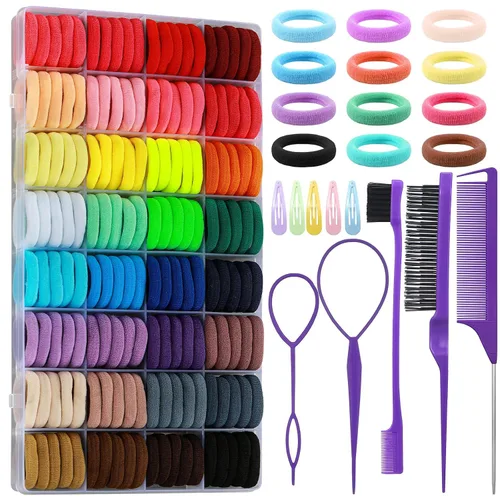 Lazos de algodón para el pelo de 32 colores, 320 piezas de lazos para el pelo de bebé con 15 herramientas de peinado de cabello, caja organizadora