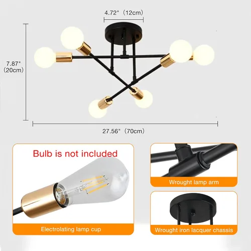 Miniatura 2 de Lámpara de techo industrial de forma DIY E26 moderna vintage de hierro para recámara, sala de estar, cocina, pasillo, lámparas de araña Negro +