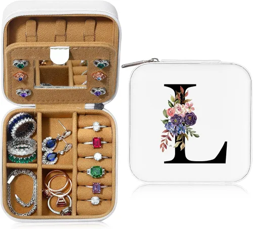 Parima Joyero de viaje para niñas, joyero azul con inicial L, mini joyero de viaje para niñas, joyero para niñas, accesorios de viaje en el