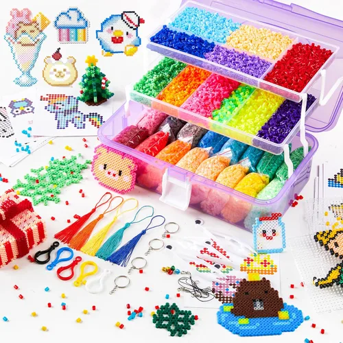 Inscraft Kit de 25000 cuentas de fusibles con caja de almacenamiento portátil de 3 capas, juego de cuentas de hierro de 26 colores de 0.197 in con