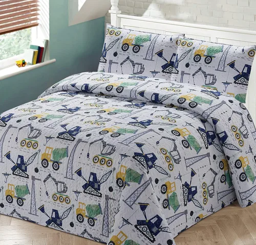 Juego de edredón de 2 piezas para niños, adolescentes, niños, grúa, camiones, cemento, camión, blanco, azul, verde, negro, gris, nuevo