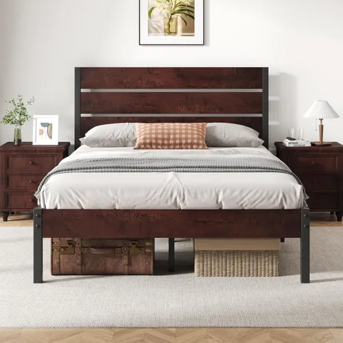 Miniatura 10 de Fluest Base de cama Queen con cabecero y estribo, con almacenamiento debajo de la cama, sistema de soporte totalmente metálico, no necesita somier