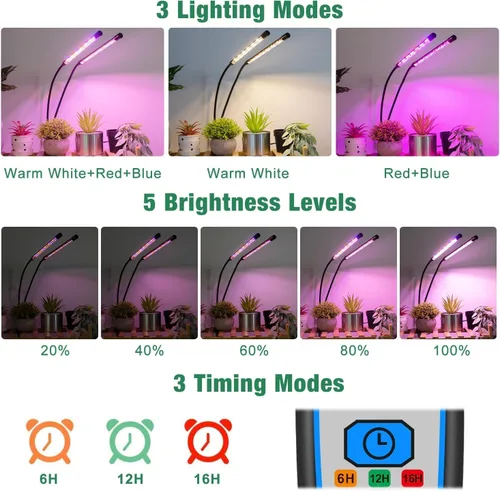 Miniatura 3 de Garpsen Luces de Crecimiento para Plantas de Interior, 2PCS 2 Cabezales Luces LED de Espectro Completo para Germinación de Semillas, 80 LEDs Luz