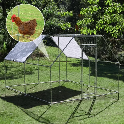 Miniatura 4 de Gallinero grande de metal con estructura para trepar, jaula de aves de corral para exteriores con parte superior plana y cubierta impermeable
