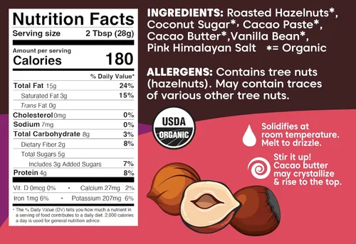 Miniatura 2 de Wilderness Poets, Mantequilla de avellana de chocolate orgánico - (8 onzas) - Sin aceite de palma - Ingredientes simples - 70% avellanas, 30%