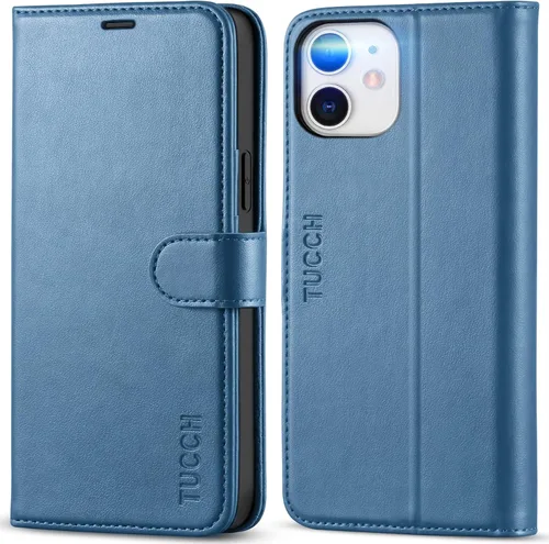 TUCCH Funda tipo cartera, iPhone 12 Pro/12 5G, azul lago, carcasa interior de TPU a prueba de golpes, piel sintética, bloqueo RFID, soporte para