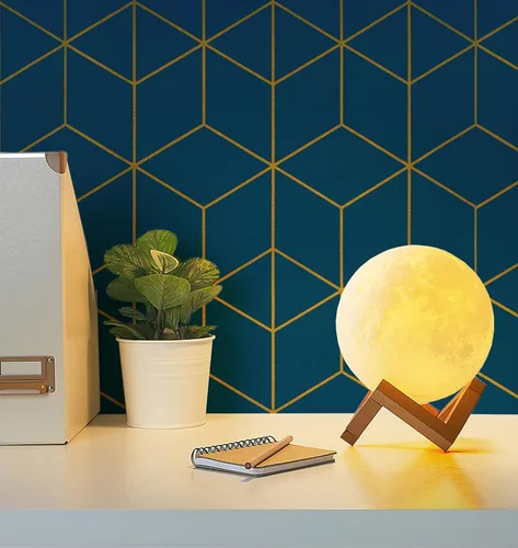 Miniatura 5 de Safiyya Papel tapiz geométrico azul y dorado, autoadhesivo, extraíble, impermeable, para paredes, rollo de vinilo de 118 x 17.3 pulgadas