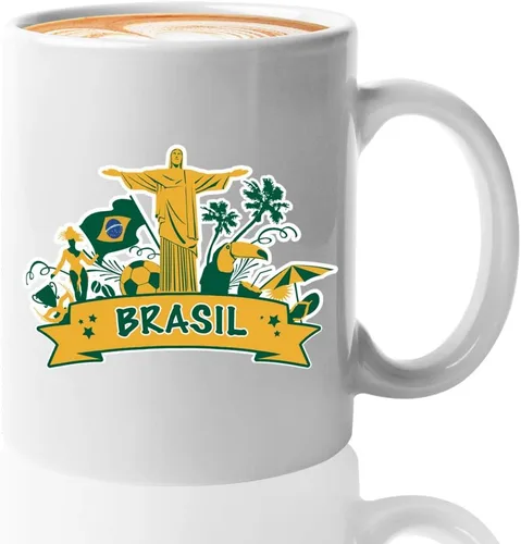 Taza de café de Brasil de 11 onzas, bandera de Brasil, Río de Janeiro, fútbol, fútbol Art Deco, estatua de recuerdo para viajeros, hombres y