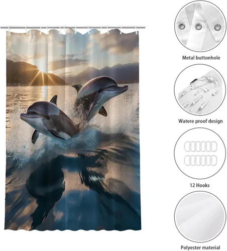 Miniatura 4 de TEAKAY Cortina de ducha de delfín, paisaje de delfín volando sobre el agua, cortina de ducha con estampado fotográfico de delfín, animales marinos