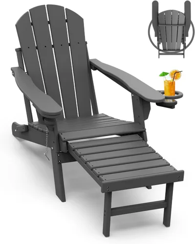 Miniatura 29 de GREENVINES Sillas Adirondack con Otomano Juego de 2 Grano de Madera Plegable Reposapiés Retráctil Plástico HDPE Silla para Hoguera Todo