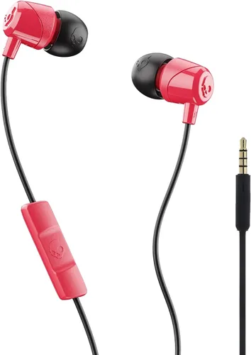 Auriculares Skullcandy Jib con cable, con conector AUX de 3.5mm, ajuste con aislamiento de ruido, micrófono en línea para control de llamadas y Rojo